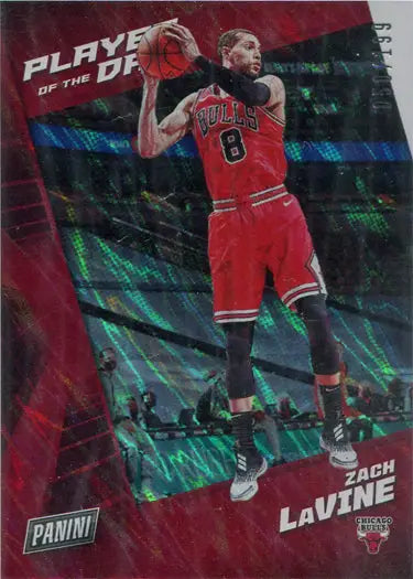 Basketball trading card of Zach LaVine in red Chicago Bulls uniform lava parallel base