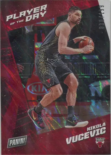 Basketball trading card of Nikola Vucevic in dark uniform, Lava Parallel Base Card /199