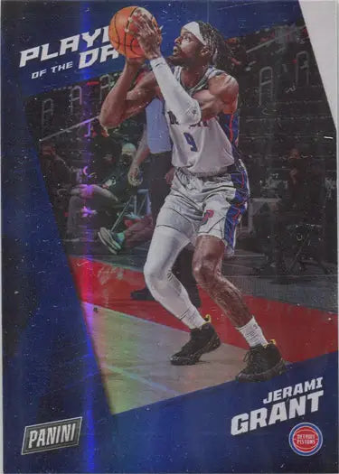 Basketball trading card of Jerami Grant in action, featuring a Rainbow Parallel design