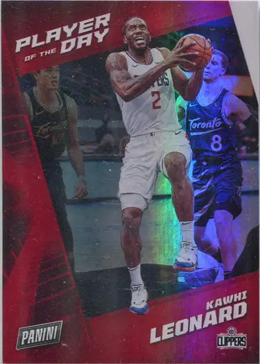 Basketball trading card of Kawhi Leonard in white uniform, featuring rainbow parallel design