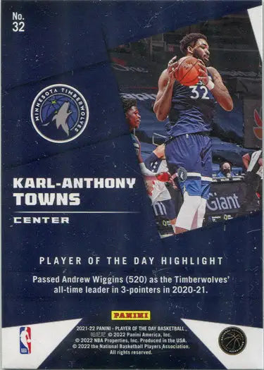 Basketball trading card of K-A Towns in Minnesota Timberwolves uniform, rainbow parallel