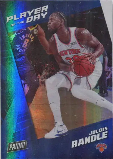 Holographic rainbow parallel trading card of Julius Randle in action for New York Knicks