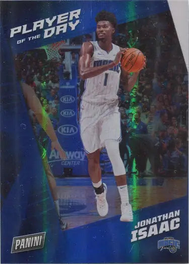 Basketball trading card featuring Jonathan Isaac in Orlando Magic uniform, rainbow parallel design