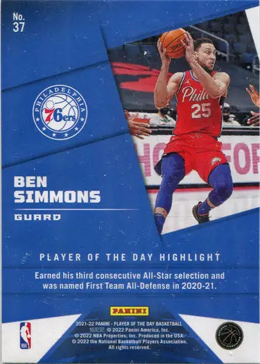 Panini Player of the Day Rainbow Parallel trading card of Ben Simmons in action