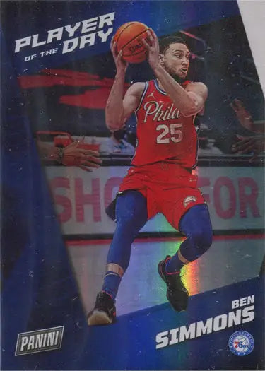 Basketball trading card of Ben Simmons in action, featuring a rainbow parallel design