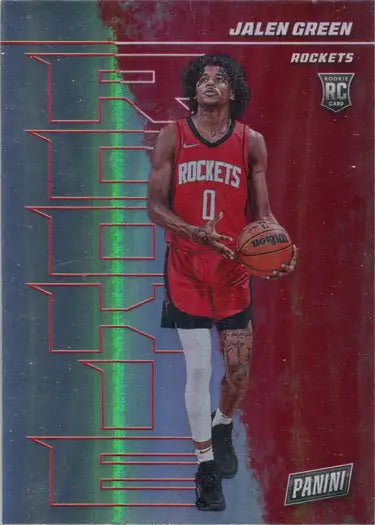 Basketball trading card of Jalen Green in red uniform, featuring rainbow parallel design