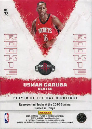 Basketball trading card of Usman Garuba in red Houston Rockets uniform, rainbow parallel