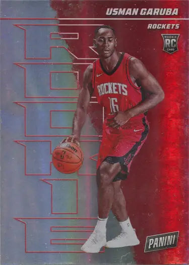 Basketball trading card of Houston Rockets Usman Garuba in red uniform dribbling ball, rainbow parallel