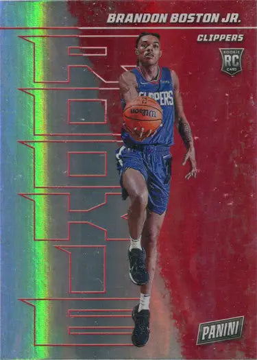 Basketball trading card of Brandon Boston Jr. in blue Clippers uniform, rainbow parallel