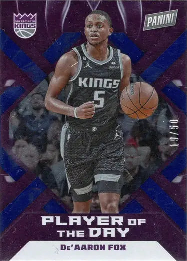 Sacramento Kings player De’Aaron Fox on Panini Blue Foil Parallel Card 19/50 in action