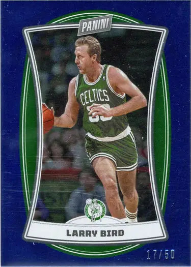 Basketball trading card of Larry Bird in green Celtics jersey, blue foil parallel 17/50