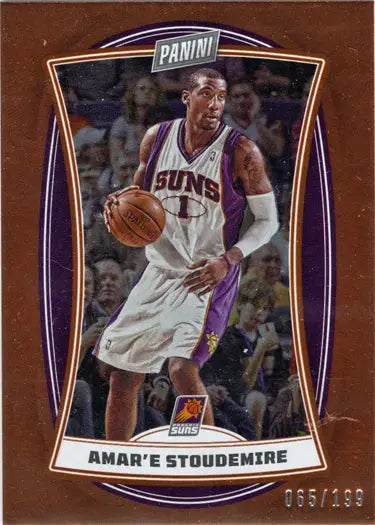 Basketball trading card of Amar’e Stoudemire in white jersey, orange foil parallel design
