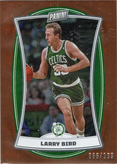 Basketball trading card of Larry Bird in green uniform, Panini Orange Foil Parallel
