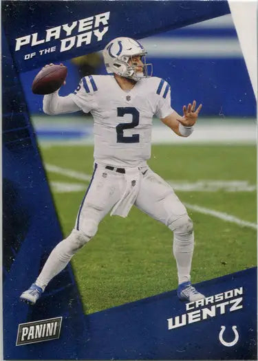 Football player in white Indianapolis Colts uniform throwing pass on Panini base card