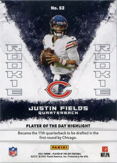 Football trading card of Justin Fields, Chicago Bears quarterback, holding a football