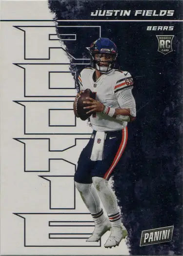 Football trading card of Chicago Bears quarterback Justin Fields in white jersey