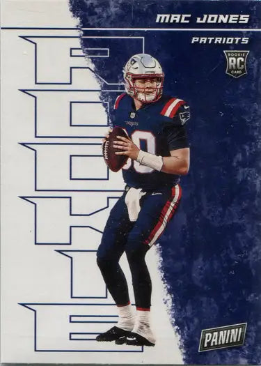 Football player trading card featuring quarterback Mac Jones in navy and red uniform