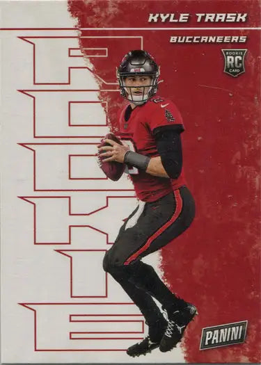 Football trading card base card of Buccaneers quarterback Kyle Trask in red jersey