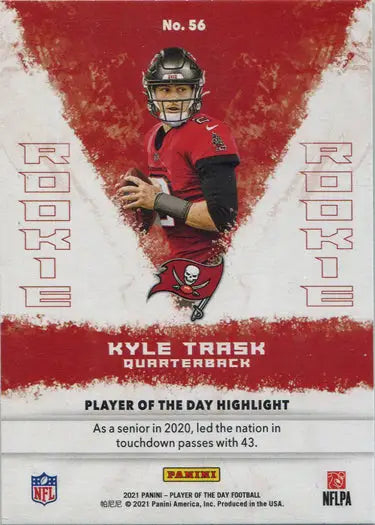 Football trading card of Kyle Trask, quarterback in red jersey, Panini base card