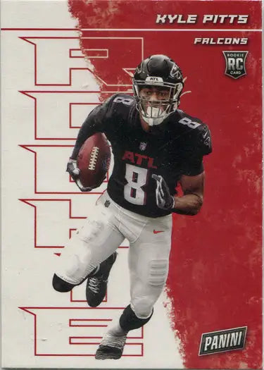 Football trading card of Kyle Pitts in black jersey running with the ball base card