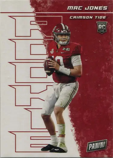Football trading card of Mac Jones in crimson uniform from 2021 base card series