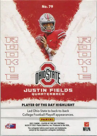 Football trading card of Ohio State quarterback Justin Fields in red jersey