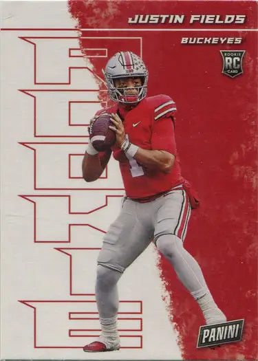 Football player trading card featuring Ohio State Buckeyes QB Justin Fields in red jersey