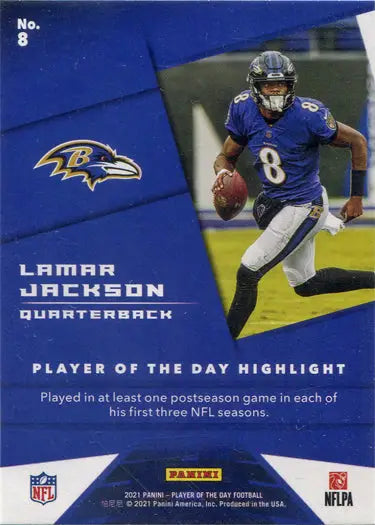 Football player base card featuring Baltimore Ravens quarterback Lamar Jackson running with ball