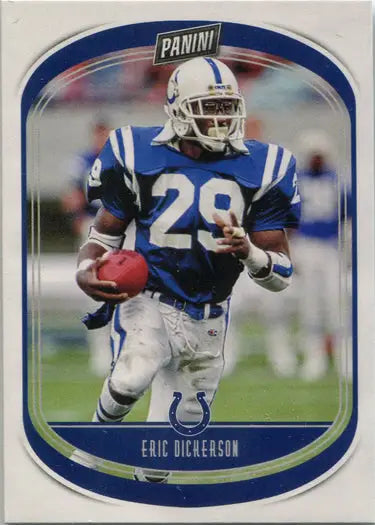 Football trading card of Eric Dickerson in blue and white uniform for Panini base card
