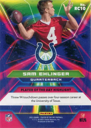 Football trading card of quarterback Sam Ehlinger in red jersey, rookie insert card RC10