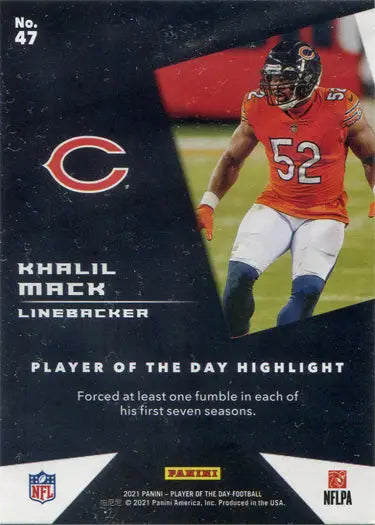 Football trading card of Khalil Mack in red jersey, featuring silver parallel design