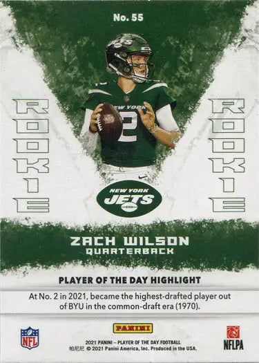 Football trading card of Zach Wilson in green jersey, Panini Silver Parallel edition