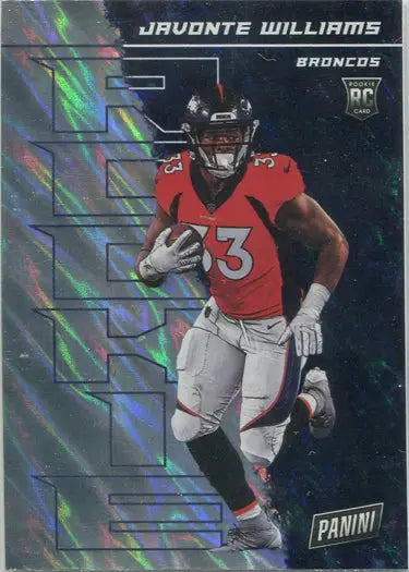 Football trading card of Broncos player Javonte Williams in a red jersey, silver parallel