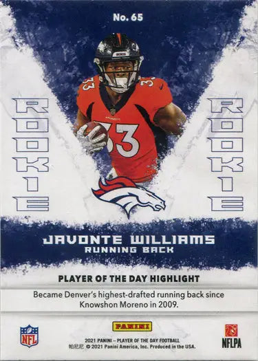 Football trading card of Javonte Williams in red jersey from Panini Silver Parallel series