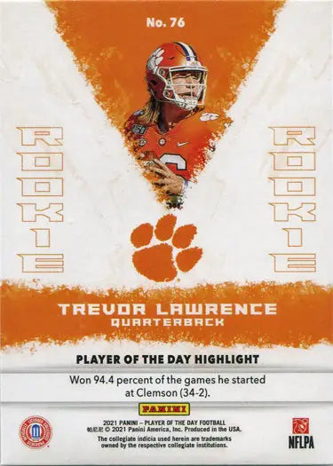 Clemson Tigers quarterback trading card in orange, featuring Silver Parallel Trevor Lawrence
