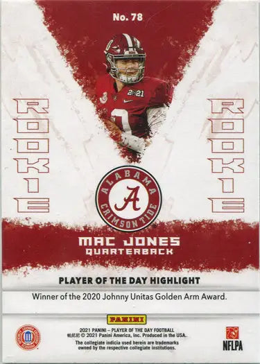 Football trading card of Alabama Crimson Tide quarterback Mac Jones in Silver Parallel design