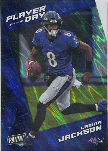 Football trading card of Lamar Jackson in blue jersey, silver parallel from Panini Player Of The Day