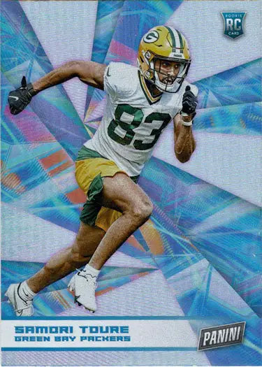 Football player in Green Bay Packers uniform 53 on colorful foil parallel card background