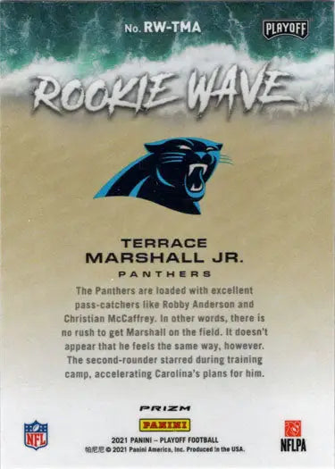 Football trading card featuring Carolina Panthers Terrace Marshall Jr. Rookie Wave Insert