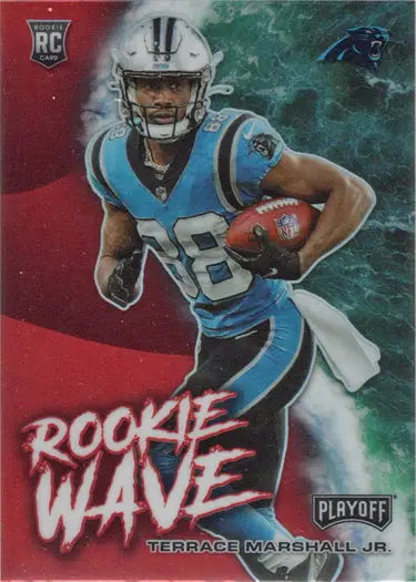 Football player in Carolina Panthers uniform carrying football on Rookie Wave Insert card