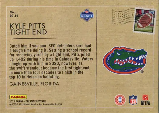 Kyle Pitts Panini Prestige 2021 insert card, Football trading card from the University of Florida