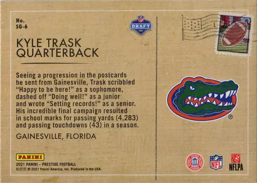 Football trading card insert card of Kyle Trask, quarterback from Gainesville, Florida
