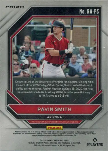 Baseball trading card of Pavin Smith in red uniform, featuring blue Prizm autograph