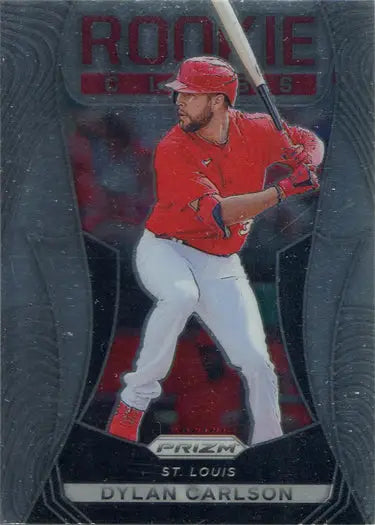 Baseball trading card of Dylan Carlson in red uniform, 2021 Rookie Class Insert
