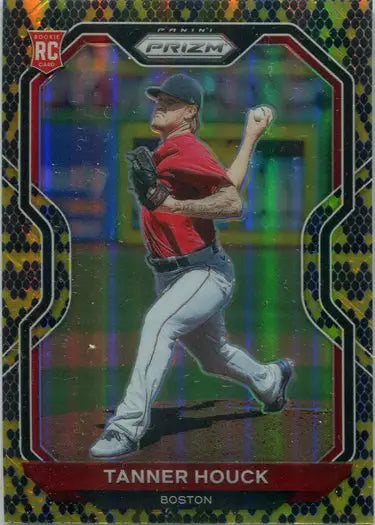 Holographic Tanner Houck pitcher card in red jersey, Snakeskin Prizm Parallel 04/50