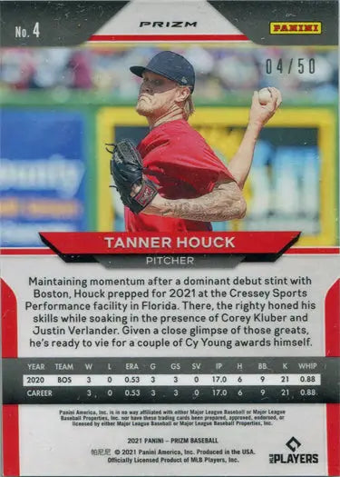 Baseball card of Tanner Houck in red uniform, showcasing Snakeskin Prizm Parallel design