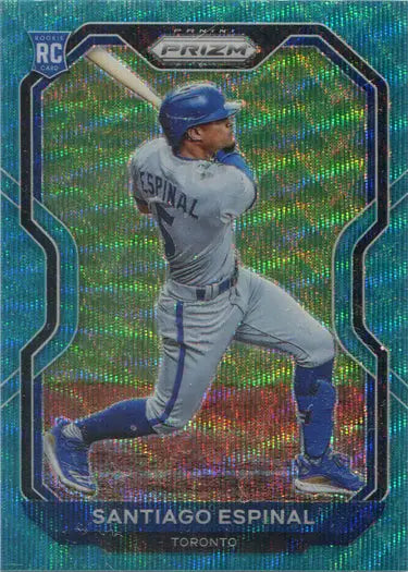Holographic Teal Wave Parallel Base Card of Santiago Espinal swinging for the Toronto Blue Jays