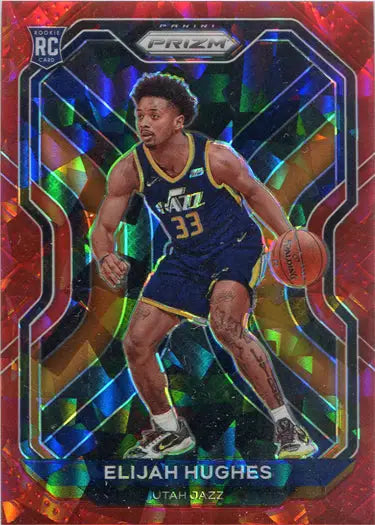 Holographic Red Cracked Ice parallel card of Utah Jazz player Elijah Hughes dribbling
