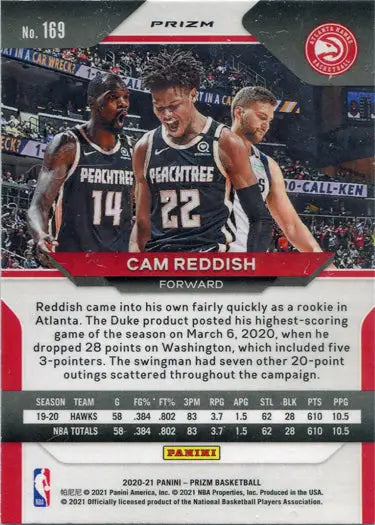 Basketball trading card of Cam Reddish and two Atlanta Hawks in red white blue design
