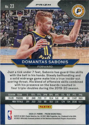 Basketball trading card of Domantas Sabonis from the Indiana Pacers red white blue parallel
